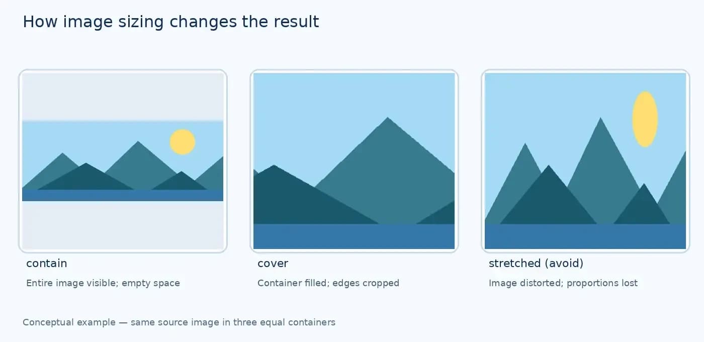 Comparison of contain, cover and stretched display of the same landscape image