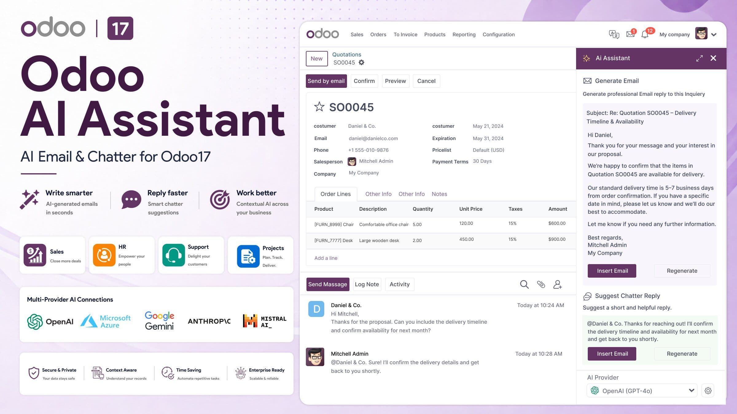 Odoo AI Assistant dashboard for email and chatter in Odoo 17