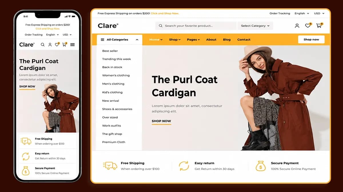 Clare Next.js demo shown at mobile and desktop widths, allowing the header, navigation, hero content, and page hierarchy to be compared.