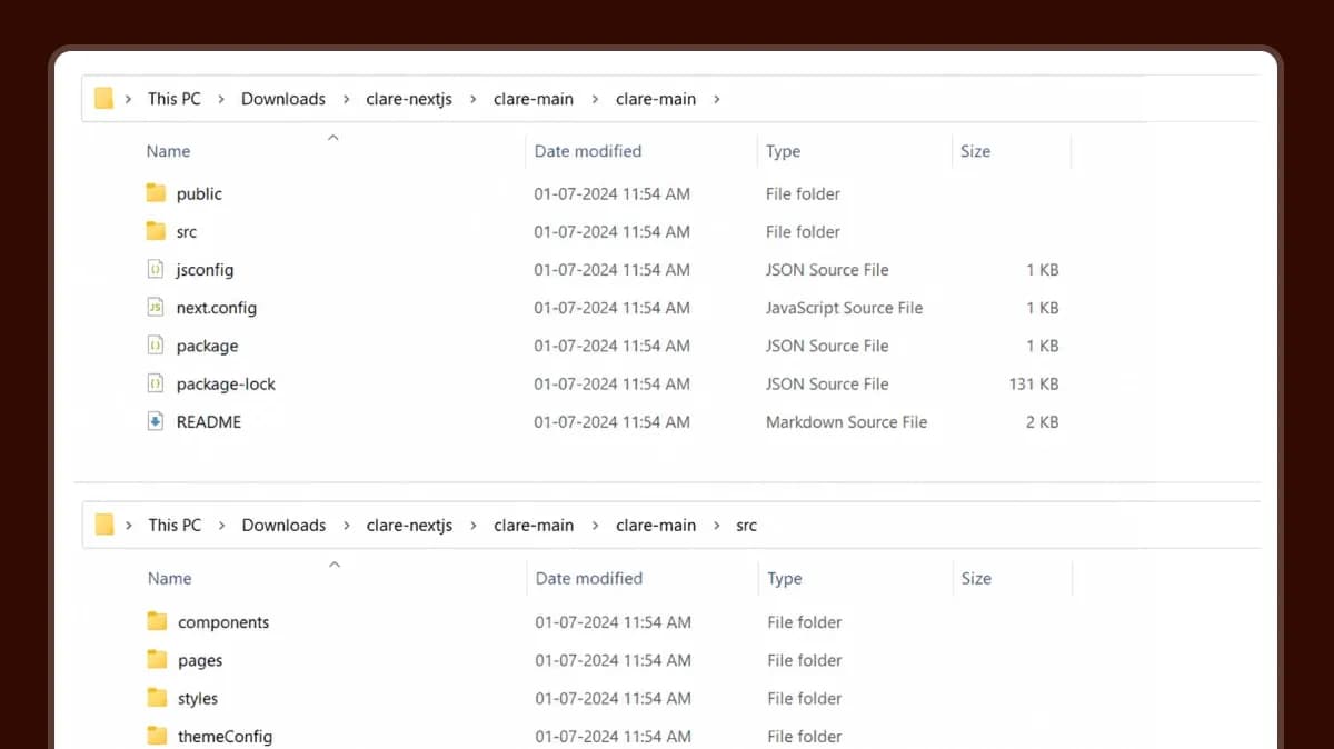 Clare Next.js package showing public and src folders, configuration files, package files, README, components, pages, styles, and theme settings.