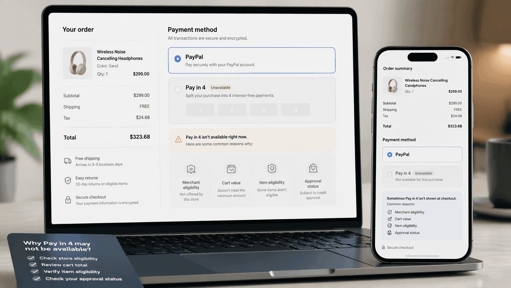 Why PayPal Pay in 4 Is Not Showing at Checkout, Featured image showing a digital checkout where a four-installment payment option is unavailable for a PayPal Pay in 4 troubleshooting guide.