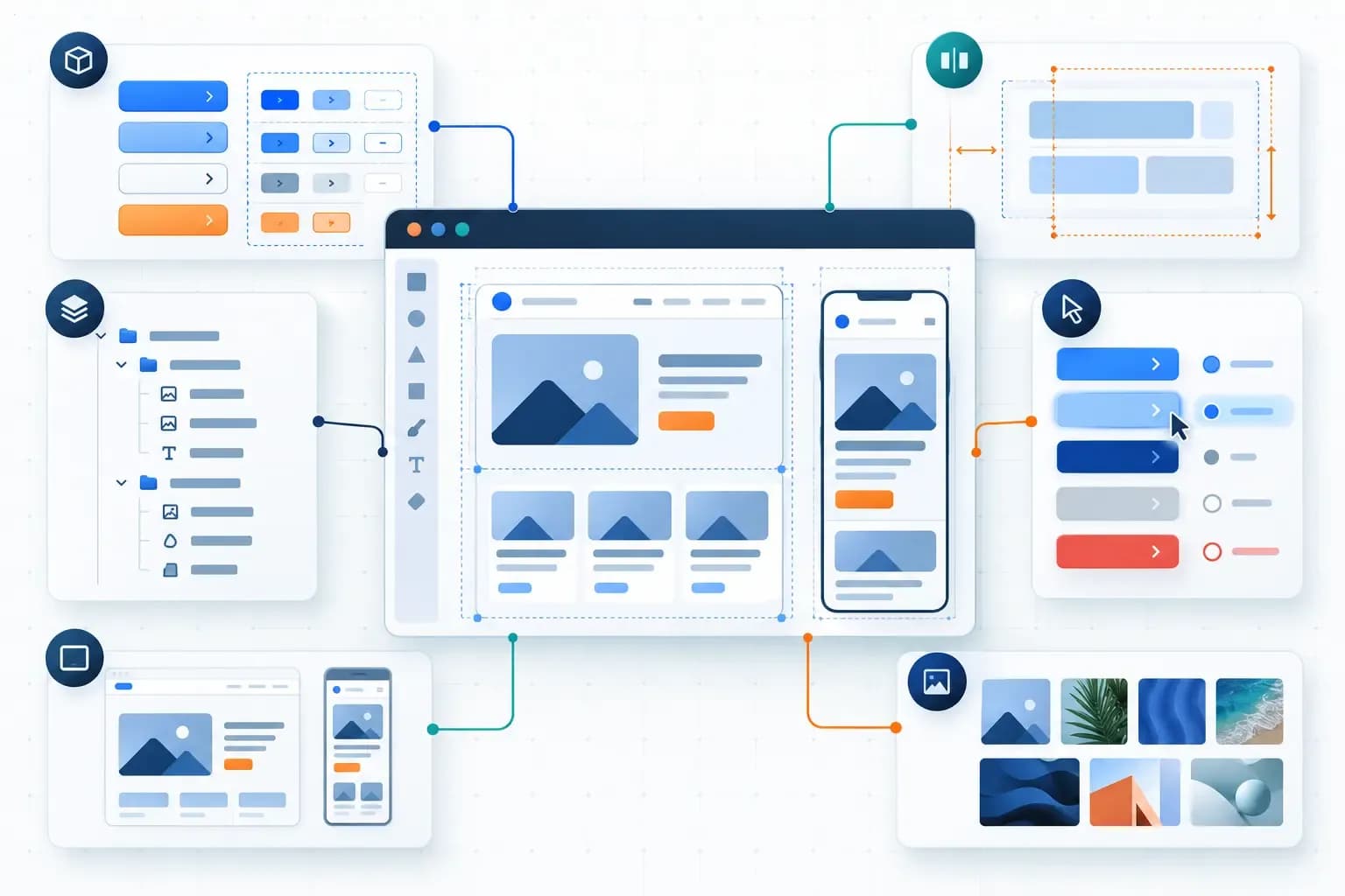 Illustration of reusable components, layout rules, organized layers, interaction states, responsive designs, and assets.