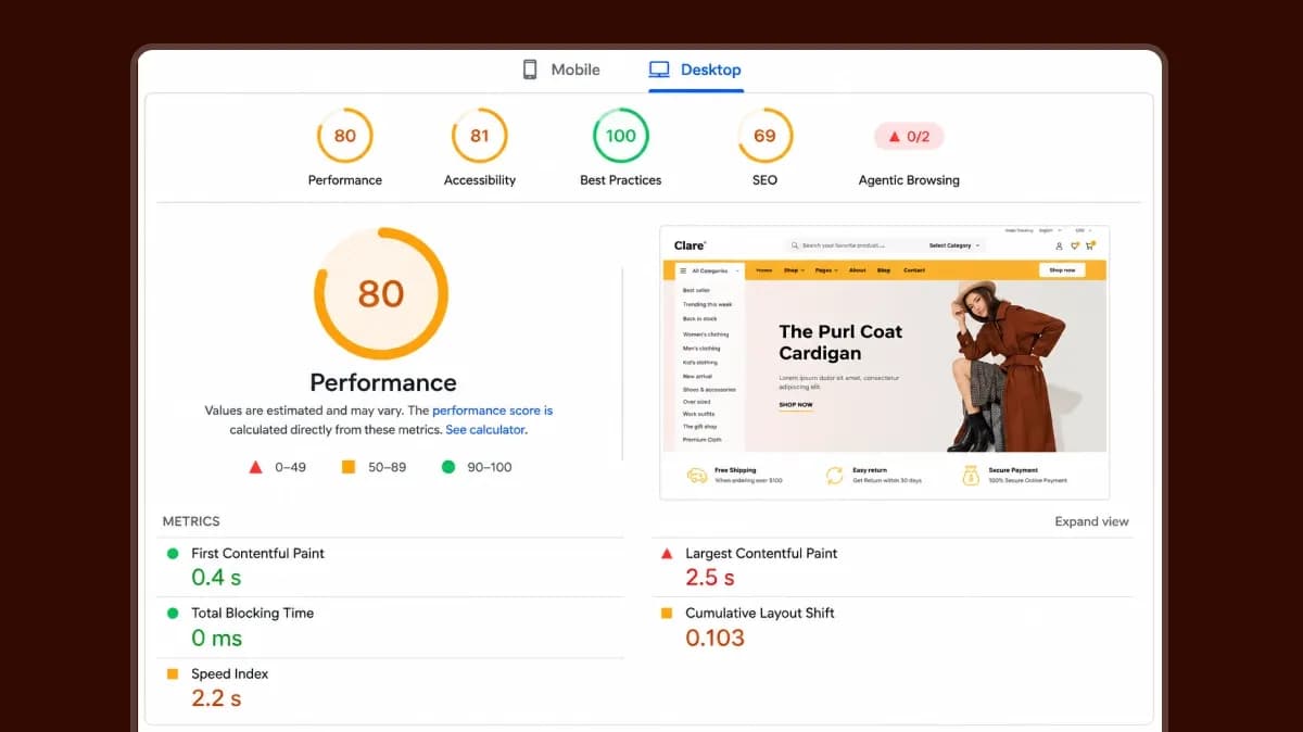 Desktop PageSpeed Insights capture for the Clare demo: Performance 80, Accessibility 81, Best Practices 100, and SEO 69.
