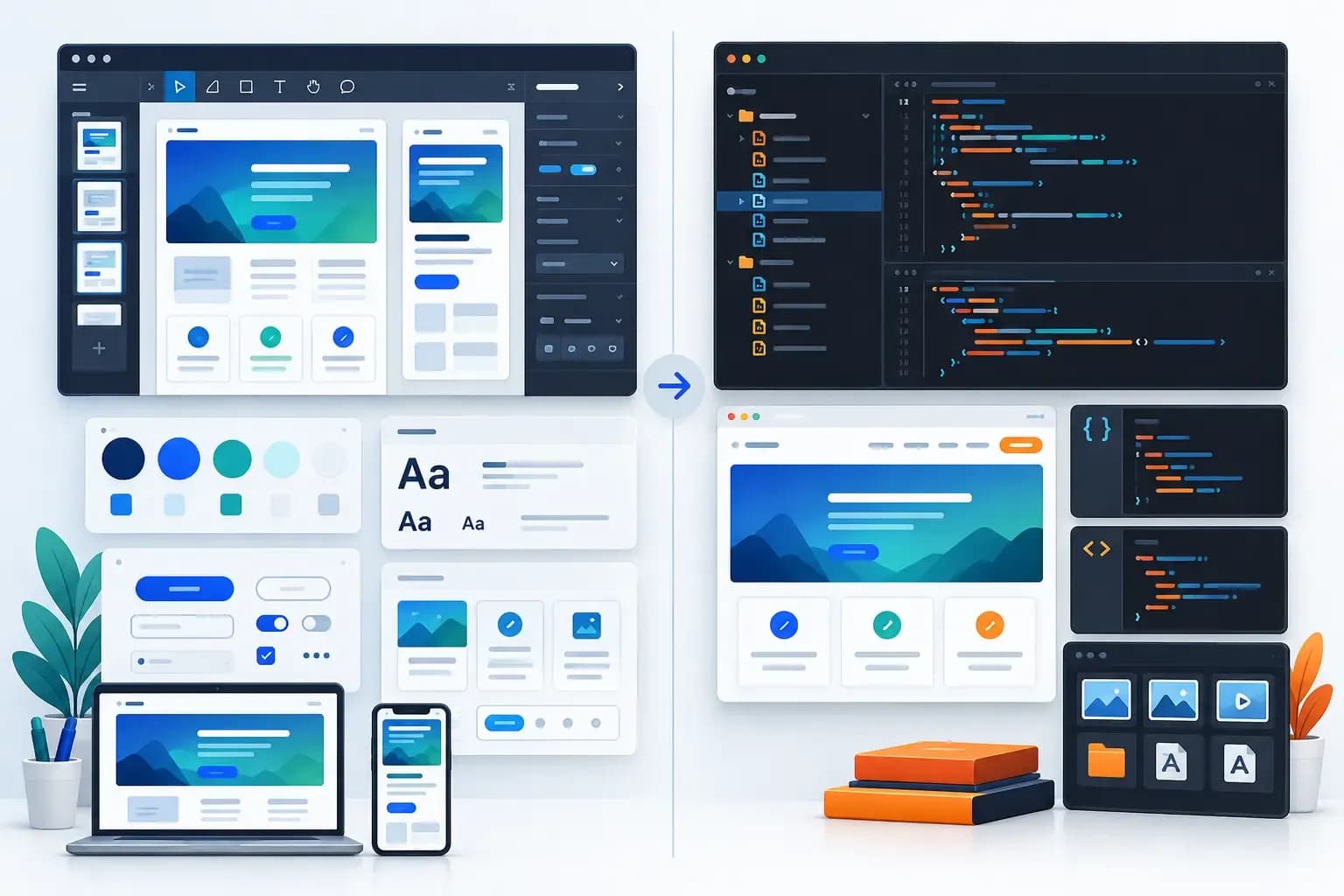 Illustration comparing editable interface designs with frontend code files and a browser preview.