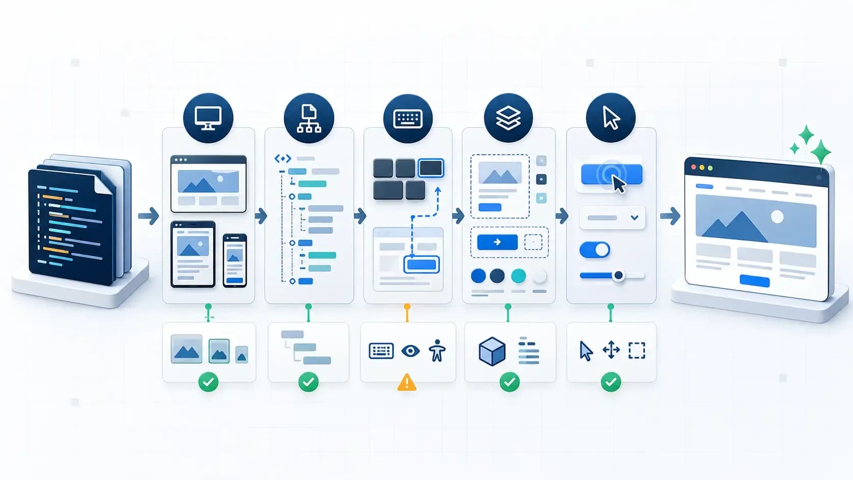 Illustration of frontend review areas covering responsive layouts, markup, keyboard access, reusable styles, and interactions.