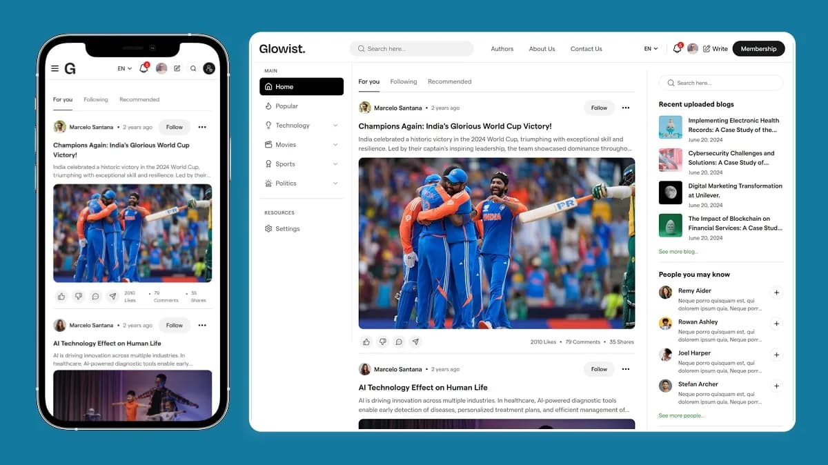 Glowist Ghost theme shown in mobile and desktop views, including article content, navigation, author information, and membership-related interface elements.