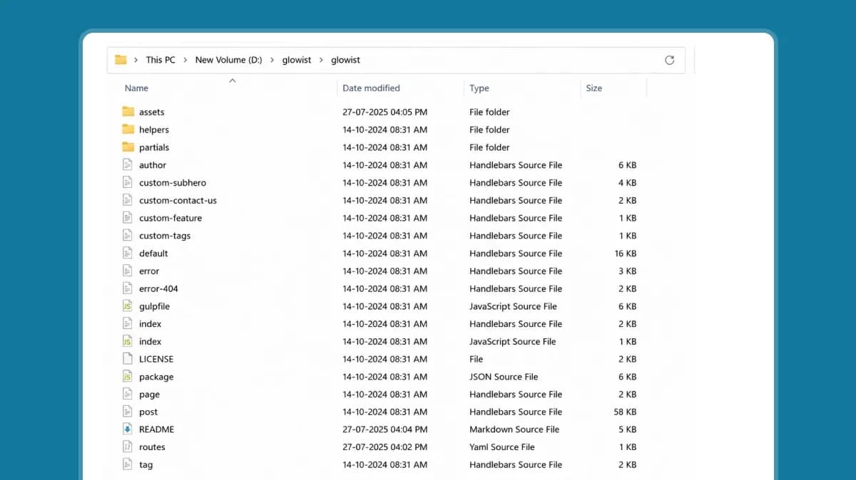 Glowist Ghost theme source showing assets, helpers, partials, Handlebars templates, package information, README, and routes configuration.