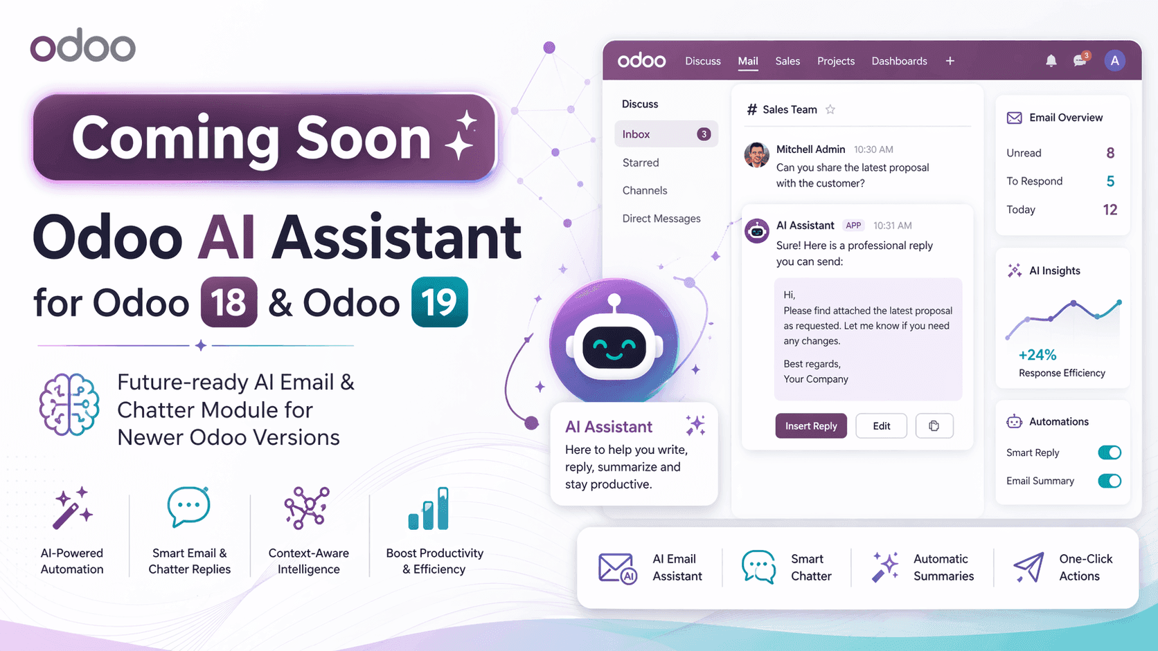 Odoo AI Assistant module for AI email and chatter across Odoo apps