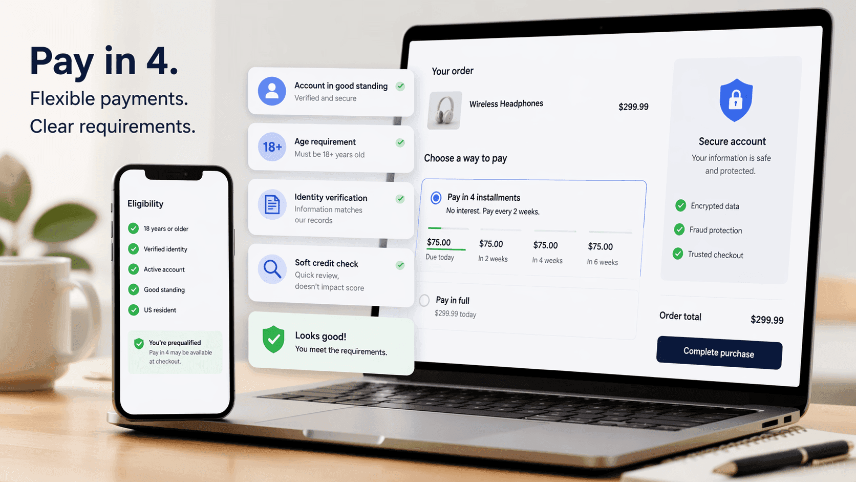 Featured image showing a digital checkout with four installment payments and eligibility approval cues for a PayPal Pay in 4 requirements guide.