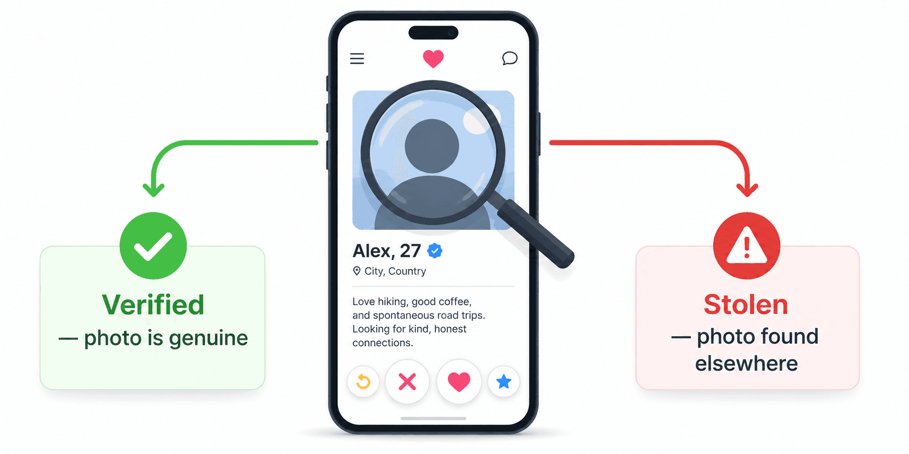 Reverse image search detecting a stolen profile photo on a dating app