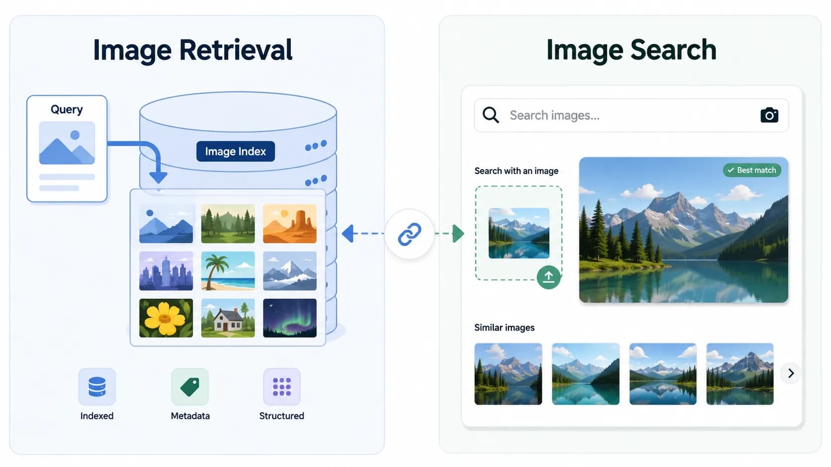 Side-by-side illustration showing image retrieval as database technology and image search as consumer produe