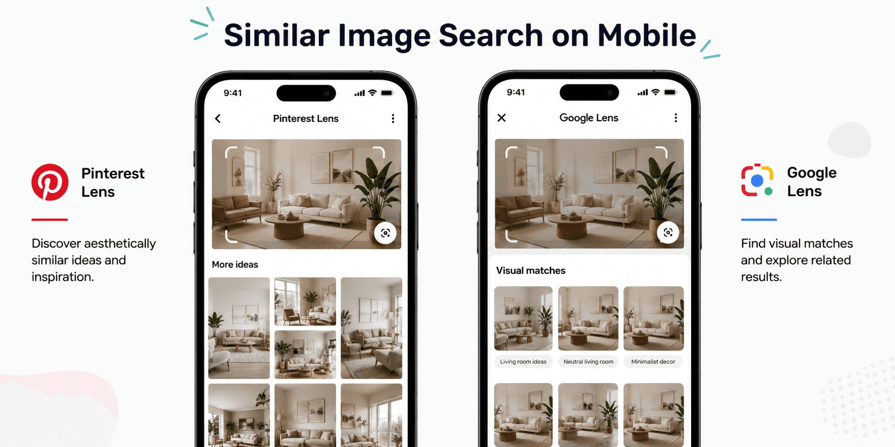 Similar image search on mobile shown on Pinterest Lens and Google Lens