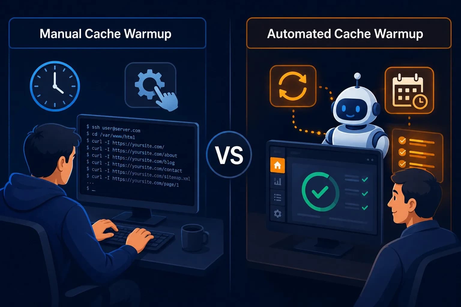 Split-panel illustration comparing manual cache warmup by a developer using terminal commands with automated cache warmup managed by a robot and dashboard.
