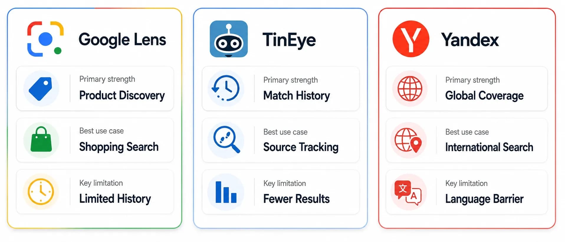Three-column infographic comparing Google Lens, TinEye, and Yandex on strength, use case, and limitation
