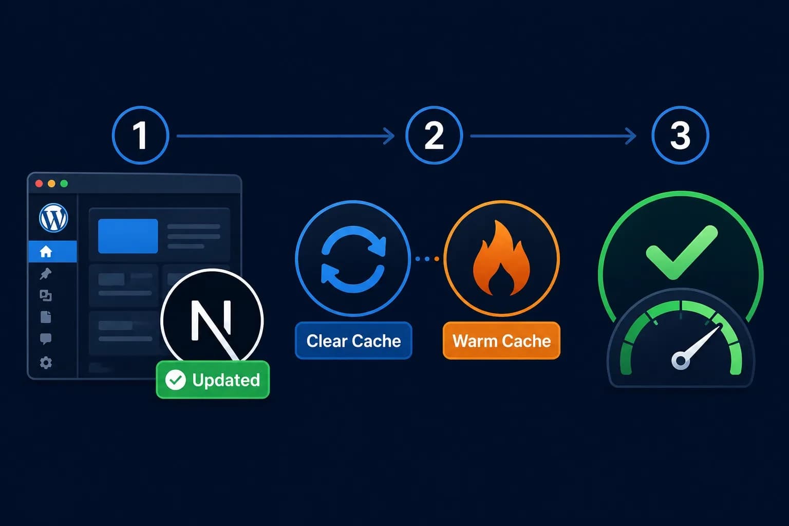 Three-step cache warmup workflow showing WordPress and Next.js updated, cache cleared and warmed, then fast performance confirmed with a green checkmark and speedometer.