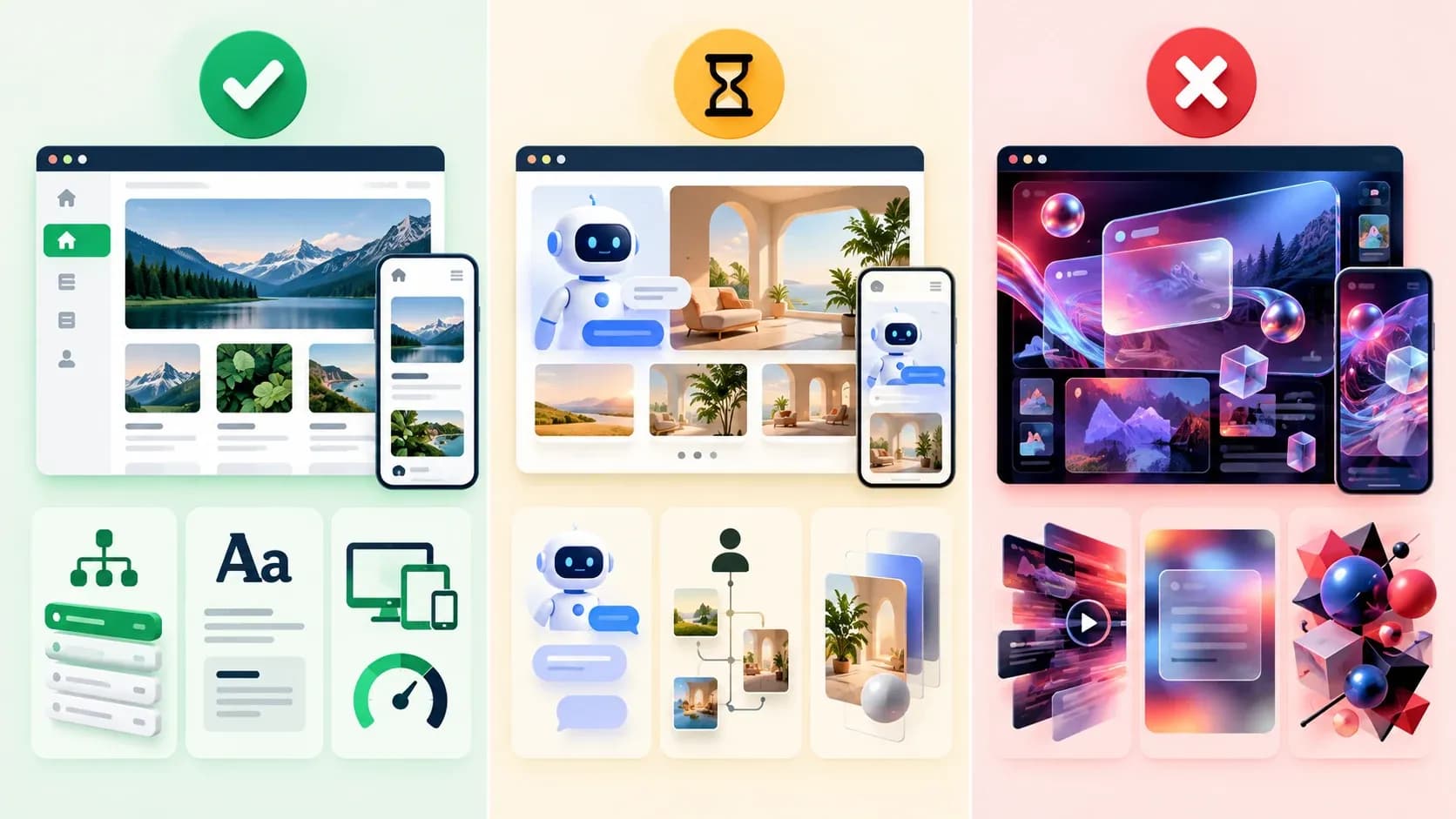 Visual comparison of web design trends to adopt, watch and skip in 2027