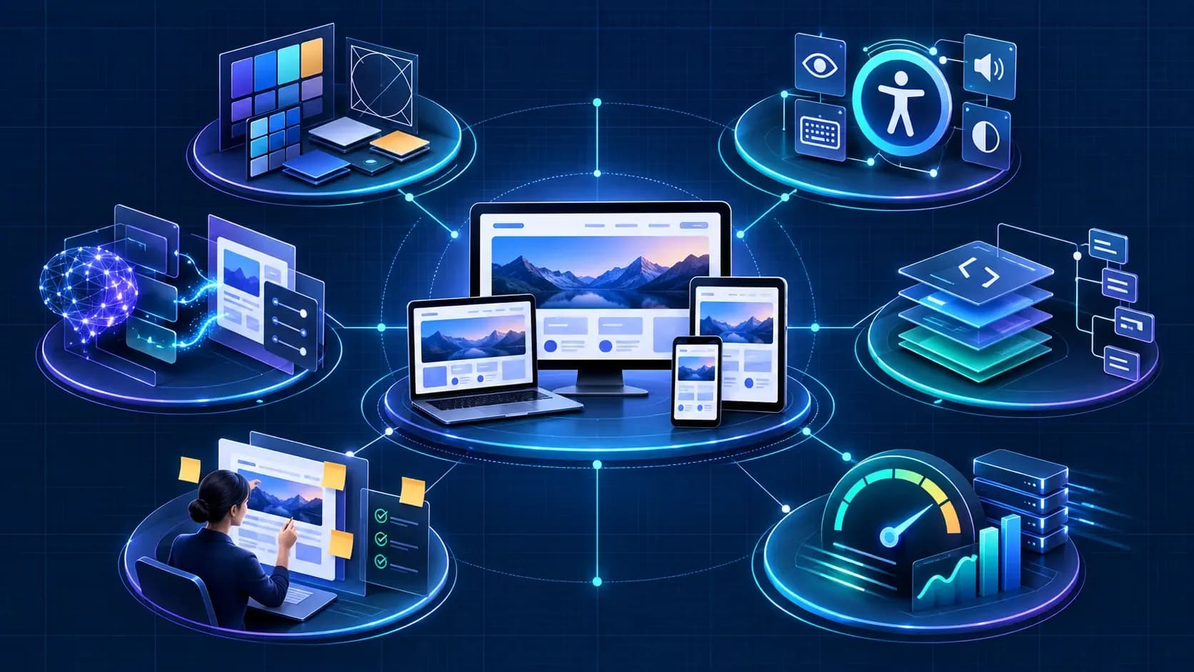 Durable AI-era web design system connecting brand, accessibility, semantics, performance and human review